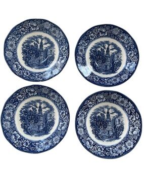 Staffordshire Ironstone Liberty Blue Tea Cup Saucers Old North Church Set Of 4